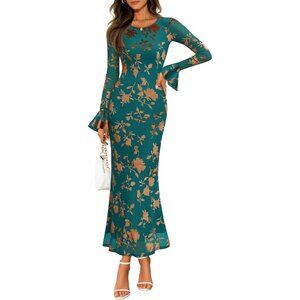 Women's Dark Green Bell Long Sleeve Floral Maxi Dress Spring Fashion Bodycon